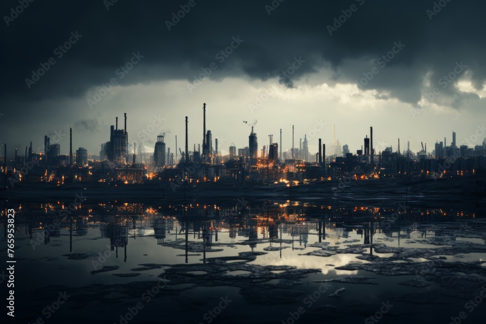 Naklejka premium Dramatic view of a large metallurgical plant during the evening with industrial lights