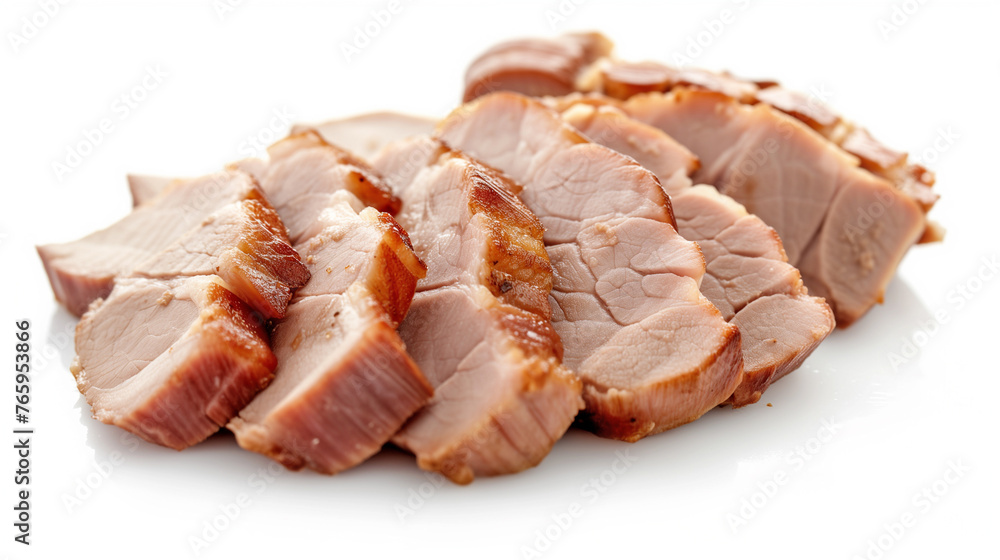A close-up image showcasing slices of smoked chicken breast, neatly arranged and isolated against a white background, highlighting the texture and color.