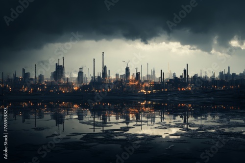 Dramatic view of a large metallurgical plant during the evening with industrial lights