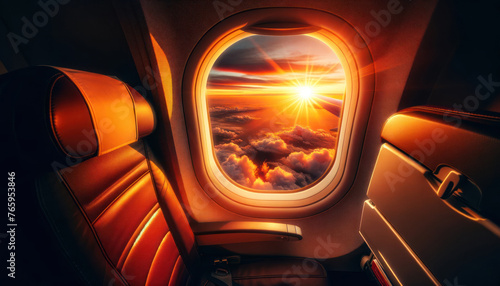 window seat of an airplane during a flight at sunset. The scene captures the warm, radiant light of the sun as it sets