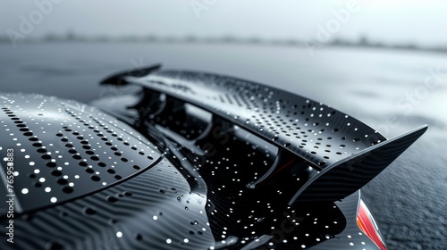 Exquisite carbon fiber luxury sports car rear wing detail with raindrops - high-end design