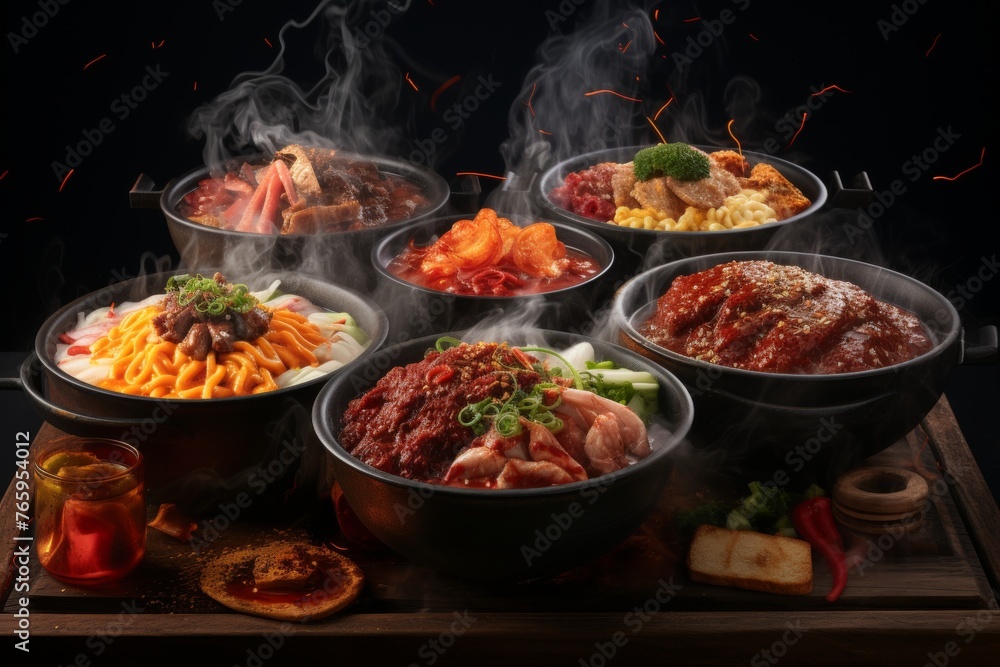 Assorted korean hot pot dishes on dark background, traditional korean cuisine concept