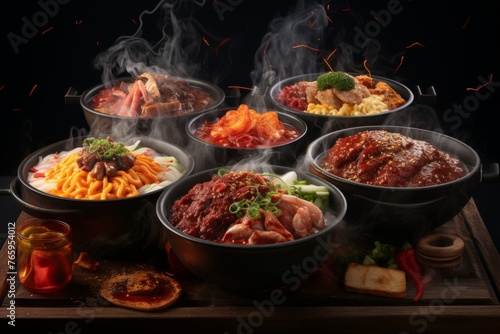 Assorted korean hot pot dishes on dark background, traditional korean cuisine concept