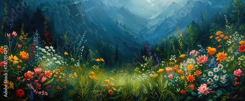 Emerald Green Ferns and Rainbow of Wildflowers in a Mountain Meadow