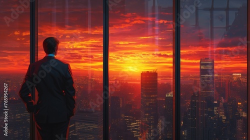 Businessman in formal attire standing by office window, contemplating city skyline at sunset