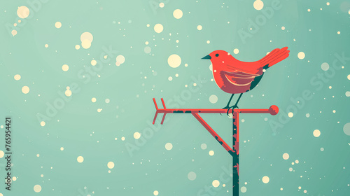 Red bird on weather vane against snowy backdrop