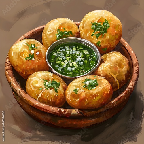 Panipuri or Golgappa is a common street snack from India. It's a round, hollow puri filled with a mixture of flavoured water and other chat items. Over colourful or wooden background. Selective focus photo
