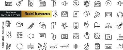 Set of line icons in linear style. Set - Musical instruments. Music, piano, guitar, drum, harp, flute, violin and others. Outline icon collection. Conceptual pictogram and infographic.Editable stroke