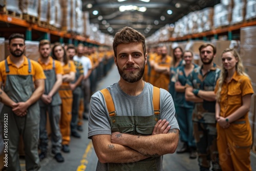 Warehouse workers in a modern warehouse with selective focus on the person in front