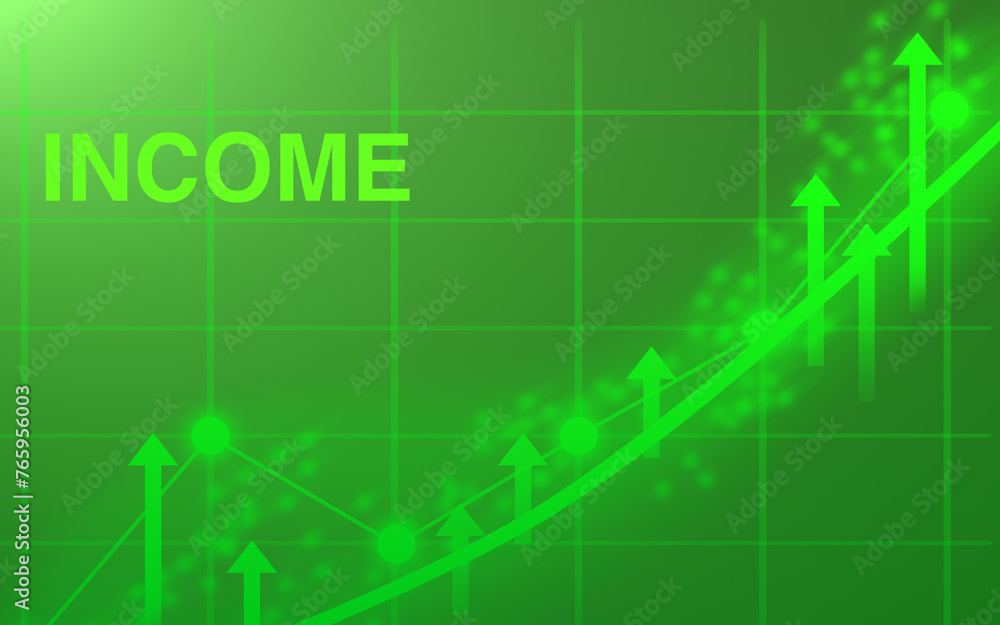 INCOME lettering - green business graph shows growth and success with arrows and dots, growth, success, economy, earnings, revenue, margin, yield, diagram, arrow, businessman