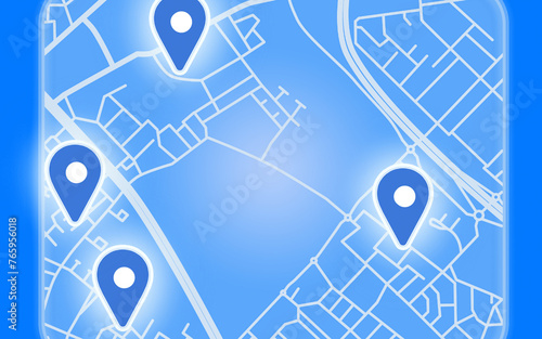 fictional software with with map and highlighted locations and places, street, home, visit, search, tool, gps, direction, travel, move, orientation