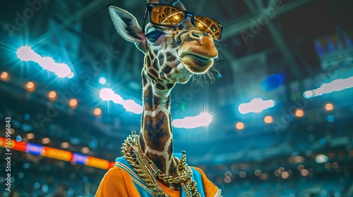 giraffe standing in the middle  stadium, floodlights shining, wearing oversized clothes, gold chain, sunglasses and shorts, shot by leica camera, photo