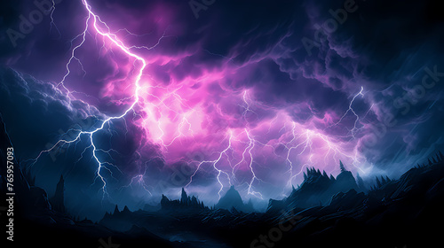 Lightning in the sky, gloomy ominous thunder and lightning background © jiejie
