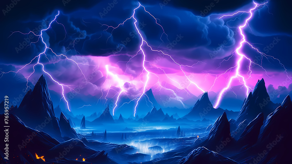 Lightning in the sky, gloomy ominous thunder and lightning background - obrazy, fototapety, plakaty 