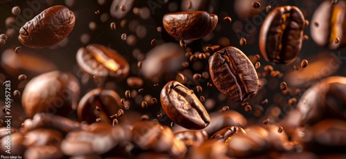 Coffee beans falling on brown background, closeup view