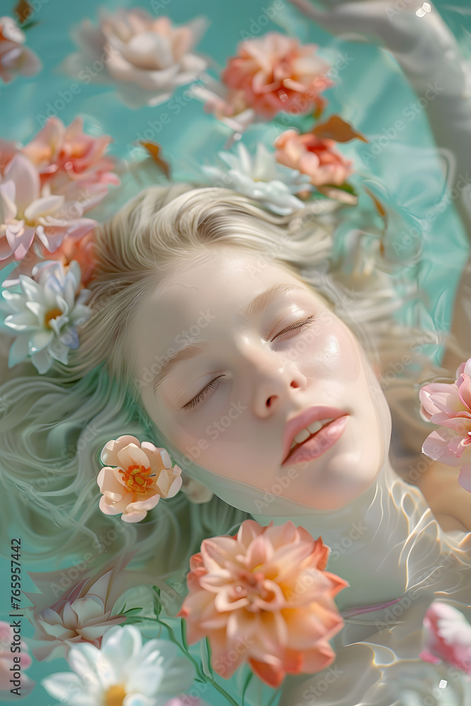 A beautiful girl with a youthful ethereal face, light skin and hair lies in the water, flowers float around her, creative portrait