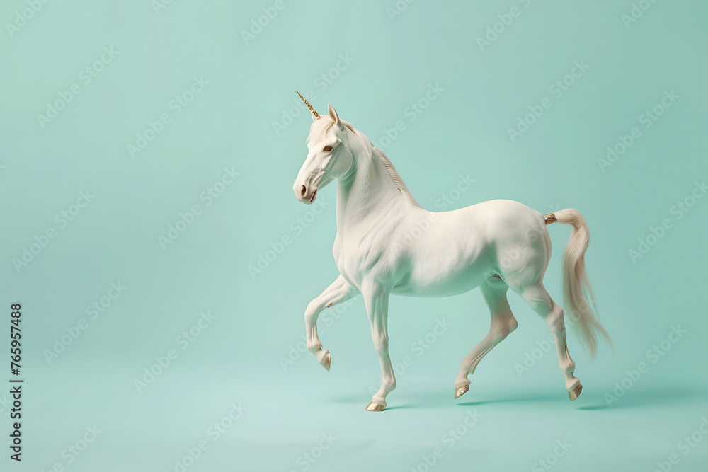 Beautiful white unicorn, isolated on pastel blue background, creative copy space.