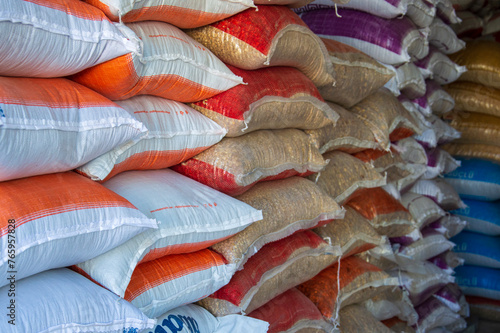Cow and sheep feed in sacks waiting in the warehouse