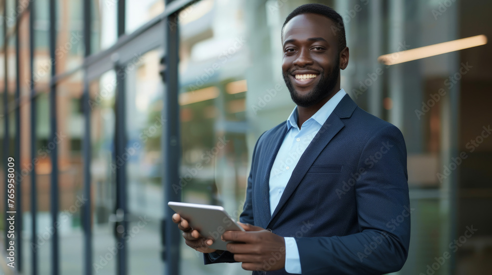 Stylish, modern man smiling at camera and using a tablet in his hands. Stylish, modern man smiling at camera and using a tablet in his hands.