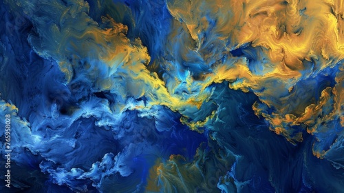 A masterpiece depicting electric blue and golden yellow clouds in the azure sky