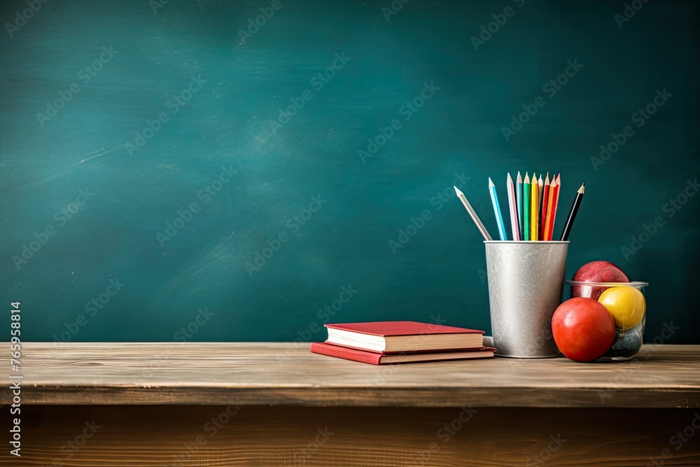 Classroom essentials, red book and colored pencils on a wooden desk classroom essentials,