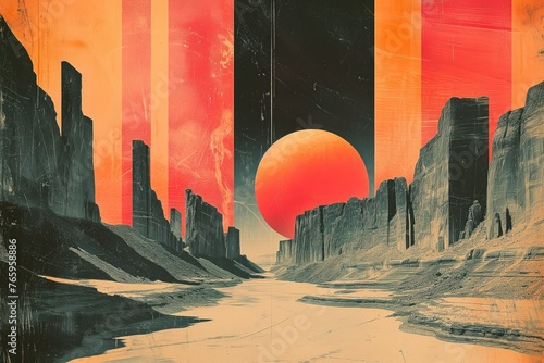 The sun rises over the rocks. Abstract phantasmagorical multi-colored retro collage, with scuffs and vintage color transitions, antique-style