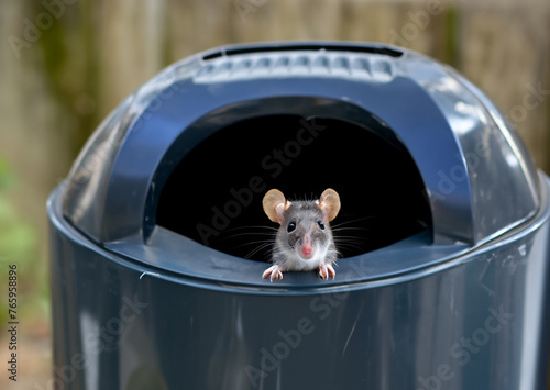 Mouse in the trash can. Animals. An outdoor small mouse is looking head-on from a garbage container at the garbage. photo