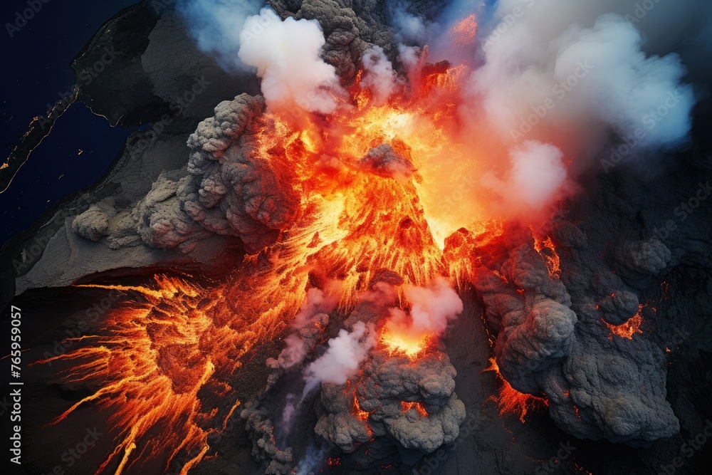 Volcanic eruption with molten lava and ash cloud Volcanic eruption with molten lava and ash cloud