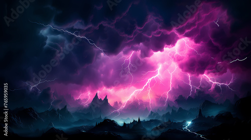 Lightning in the sky, gloomy ominous thunder and lightning background © jiejie