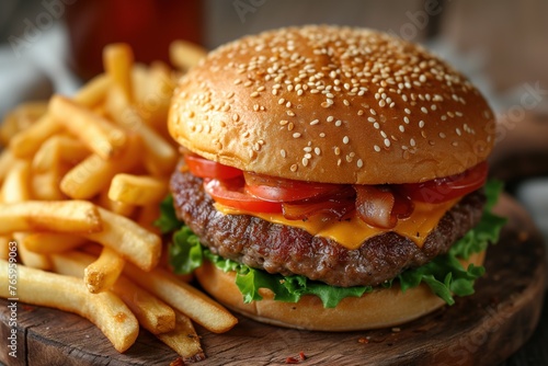 A large delicious cheeseburger with fries on a wooden tray. Cheeseburger with a fried juicy patty, cheese, bacon, tomato, lettuce and French fries. Fast food concept