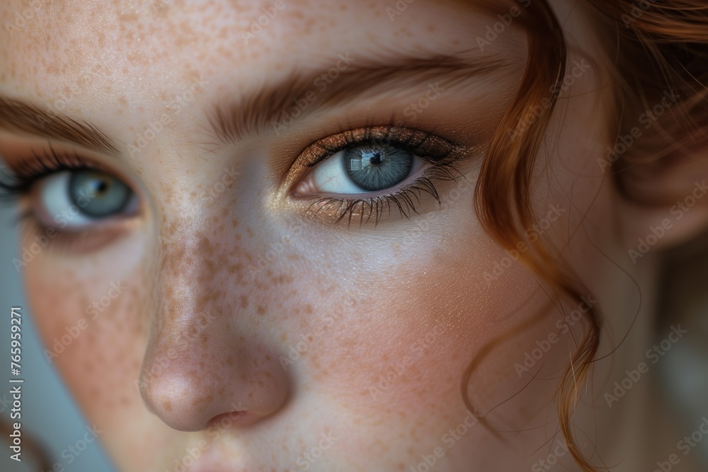 Red-haired freckled girl with golden makeup. Face close-up. Makeup concept for redheads Red-haired freckled girl with golden makeup. Face close-up. Makeup concept for redheads