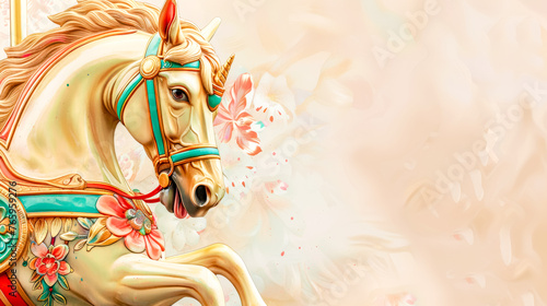Vibrant digital illustration of a floral-decorated carousel unicorn on a soft-toned background
