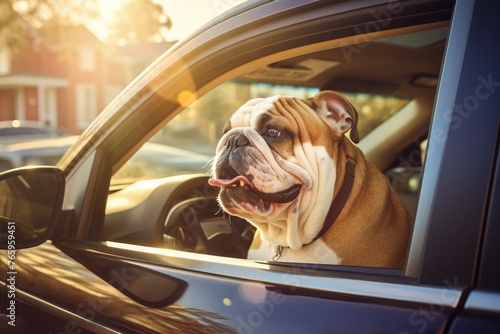 Bulldog enjoying a car ride at sunset photo