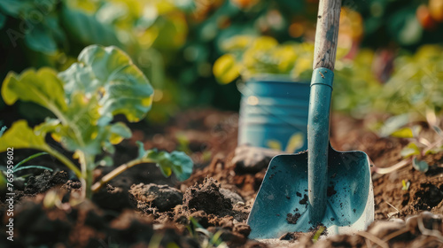 Shovel and bucket close-up against the background of a framed vegetable garden photo