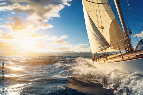 Sailing boat on the open sea with strong winds and sunshine