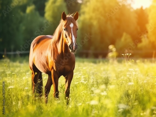 Horse in a sunlit field with a serene expression