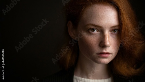 Donna con capelli rossi e lentiggini su sfondo scuro photo