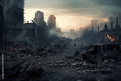 Fototapeta Naklejka Na Ścianę i Meble -  Post-apocalyptic city ruins with a person walking