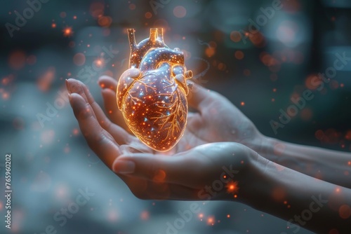 Futuristic holographic human heart surrounded by sparkling particles