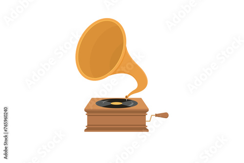 Gramofon diisolasi pada latar belakang putih. Ilustrasi datar vektor. Bermain musik.