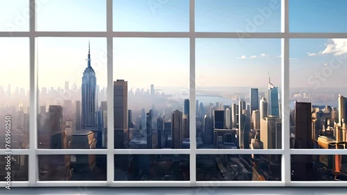 Interior skyscrapers view cityscape mockup of a blank room with a white wall during the day. Skyline view from a high-rise window. A gorgeous real estate with a view. photo