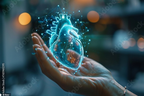Glowing hologram of a heart floating above hands in the dark, sparks of life and science. Hands gently supporting a luminous hologram of a heart emitting a soft light amidst the darkness, symbolizing