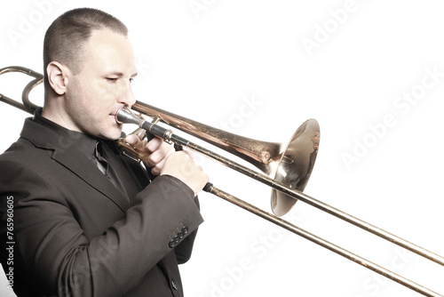 Trombone player. Trombonist playing brass instrument isolated on white