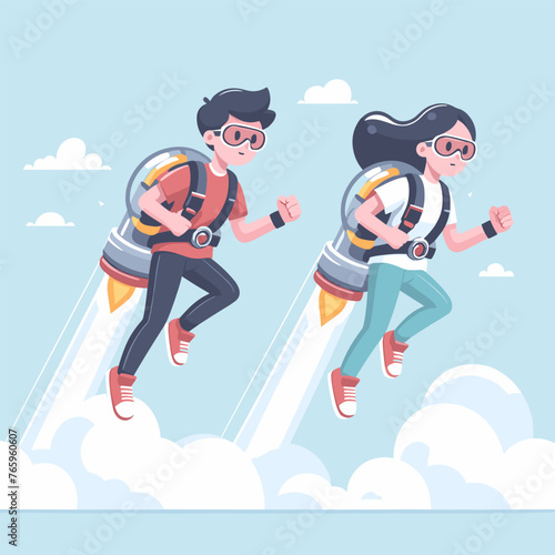 cartoon people fly using jet pack rocket