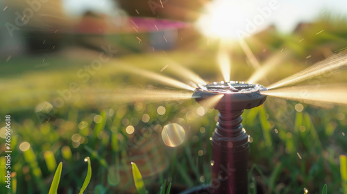Automatic sprinkler system watering fresh green lawn photo
