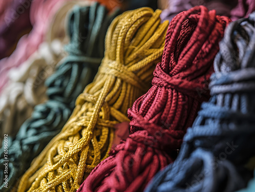 Vibrant Colored Ropes Close-Up. Close-up of multi-colored ropes, showcasing detailed textures and bright hues.