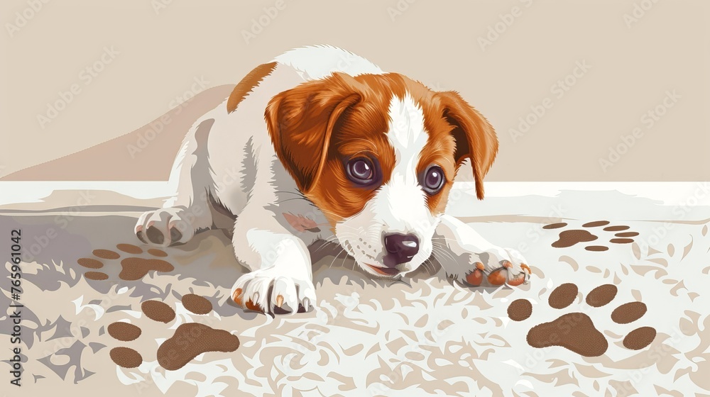 Digital art of a playful puppy with muddy paw prints. Dog making a mess on rug. Cute puppy with dirty paws. Concept of mischievous pet, domestic animals, home mess, playful mischief - obrazy, fototapety, plakaty 