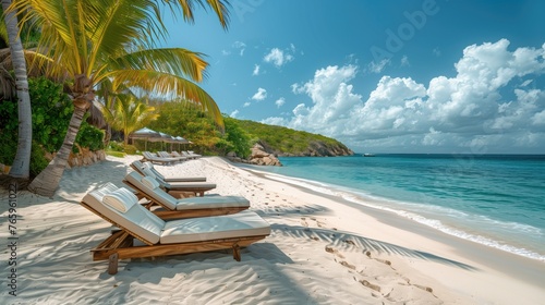 Scene of beach with benches and palm trees © PNG Lab