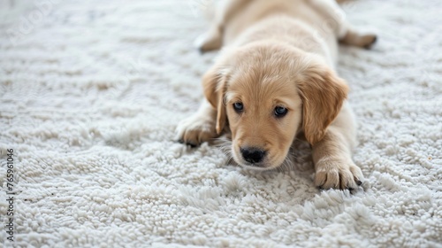 Adorable Puppy with a tender gaze on a plush carpet. Soft-textured golden pup in a domestic setting. Cute dog on the rug. Concept of animal warmth, pet rearing, and gentle companionship. Copy space