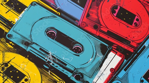 Colorful pop art style vintage cassette illustration. Stylized audio tape with vibrant hues. Concept of retro music, pop culture, art, and 80s nostalgia. © Jafree